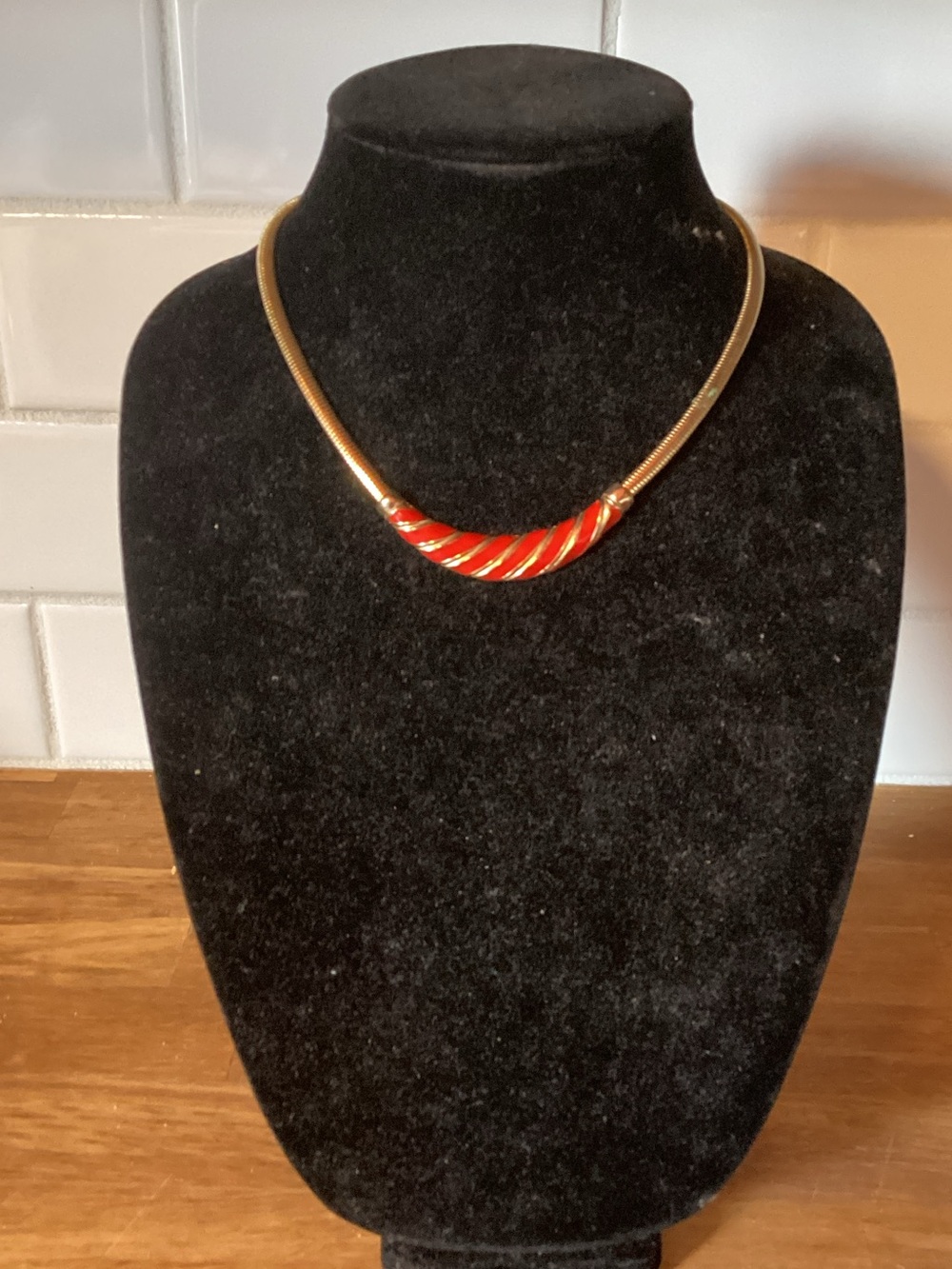 Gold-Tone Necklace with Red Curved Enamel Accent